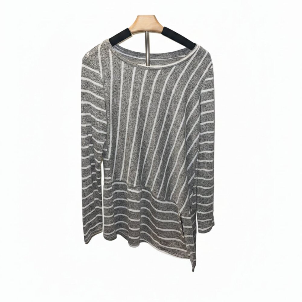 Maurices Grey and White Stripe Asymmetrical Hem V Neck Top